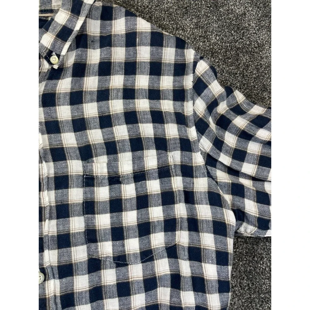 Banana Republic Shirt Mens S Camden Fit Button Down Linen Long Sleeve Plaid Blue